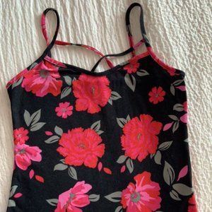 Ardene Basics Black & Pink Flower Criss Cross Tank Top - Size Large